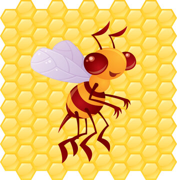 Cute vector honey bee in front of a honeycomb background drawn in a humorous cartoon style.