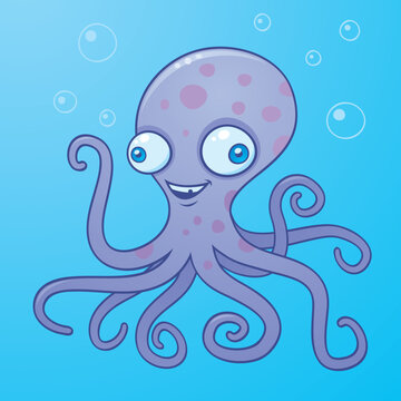 Vector cartoon illustration of a wacky happy octopus in the water with bubbles.