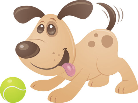 Vector cartoon style drawing of a cute puppy dog playing with a tennis ball.