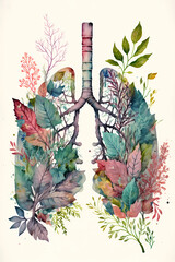 Outline of human lungs made of colorful leaves and branches, generative AI