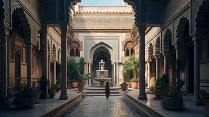 A grand palace courtyard adorned with intricate tilework, where a girl in an opulent burqa takes a leisurely stroll Generative AI