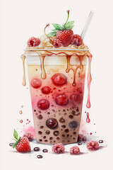 Raspberry boba tea in a cup on white background, watercolor illustration, generative AI