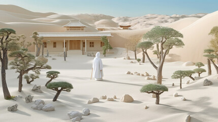 A serene zen garden with meticulously raked sand and bonsai trees, where a girl in a serene white burqa finds tranquility Generative AI