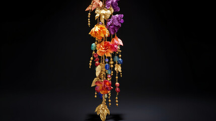 A mesmerizing cascade of prayer beads delicately intertwined with vibrant flowers and shimmering gold Generative AI