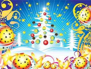 Fototapeta na wymiar Colorful Christmas s tree background with balls and snow