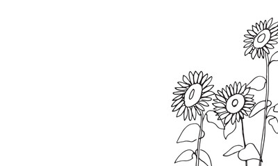 線画。夏のひまわりのシンプルベクター線画。向日葵の手描き背景素材。Line drawing. Simple vector line drawing of sunflowers in summer. Hand drawn background of sunflowers.