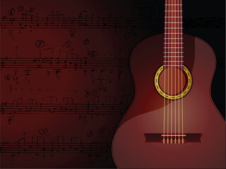 Vector background with acoustic guitar and musical notes.