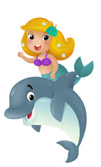 cartoon scene with mermaid princess and dolphin swimming together having fun isolated illustration for children