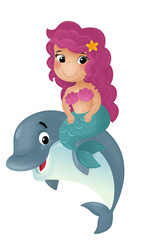 cartoon scene with mermaid princess and dolphin swimming together having fun isolated illustration for children