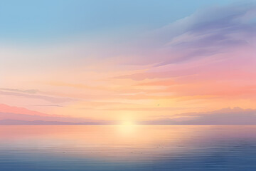 Naklejka na ściany i meble A serene sunrise over a calm ocean with soft pastel colors in the sky. AI-Generated.
