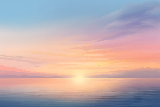A serene sunrise over a calm ocean with soft pastel colors in the sky. AI-Generated.