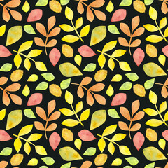 Autumn nature seamless pattern, yellow, orange, green, leaves and branches. Hand-drawn watercolor illustration on black background. For textiles, packaging, fabric
