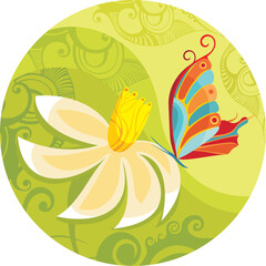 vector illustration of a cute flower and colorful butterfly