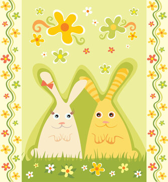 Easter illustration with a two cute bunnies