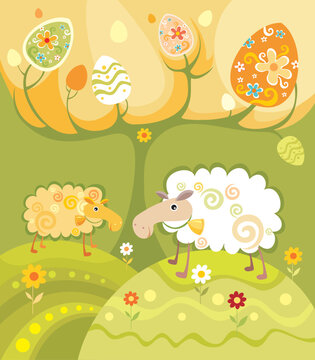 easter illustration with a two funny decorative sheeps