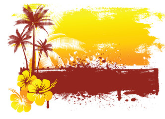 Fototapeta na wymiar Grunge summer background with hibiscus flowers and palm trees
