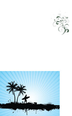 Silhouette of a surfer on a grunge palm tree background