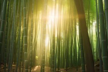 A peaceful bamboo forest, illuminated by soft rays of morning light filtering through the leaves. AI-Generated.
