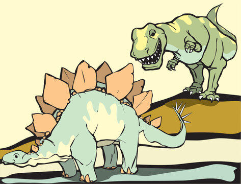 Smiling Tyrannosaurus Rex hunts the Stegosaurus.
