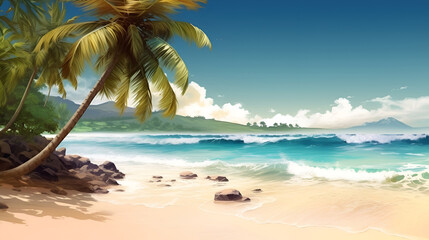 Tropical Paradise: ocean sea and tropical beach with palm, beach umbrella and deck chair.