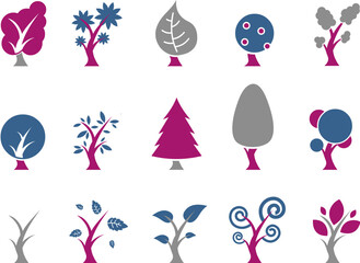 Vector icons pack - Blue-Fuchsia Series, tree collection