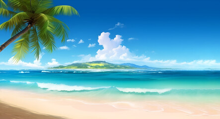 Fototapeta na wymiar Tropical Paradise: ocean sea and tropical beach with palm, beach umbrella and deck chair.
