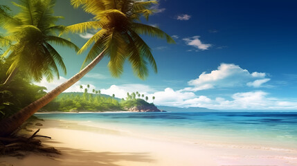 Fototapeta na wymiar Tropical Paradise: ocean sea and tropical beach with palm, beach umbrella and deck chair.