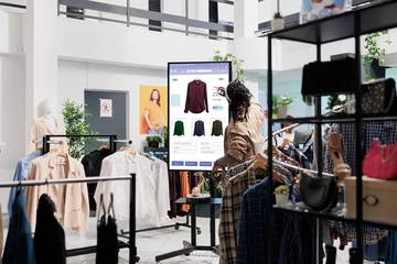 Deurstickers African american man looks at clothes online on touch screen monitor in fashion boutique at mall, self service board. Male customer looking for trendy clothes and items on retail kiosk display. © DC Studio