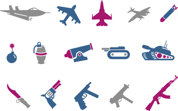Vector icons pack - Blue-Fuchsia Series, weapons collection