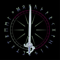 t-shirt design of a medieval sword surrounded by the runic alphabet.