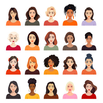 Vector Woman Avatar Set. Beautiful Young Girls Portrait Collection, Different Hairstyle. Female Expressing, Emotions, Different Nationalities. Cartoon Multiethnic Society in Flat Style. Front View