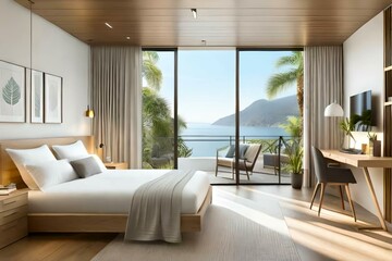 Fototapeta na wymiar Double bedroom, mediterranean-style interior design