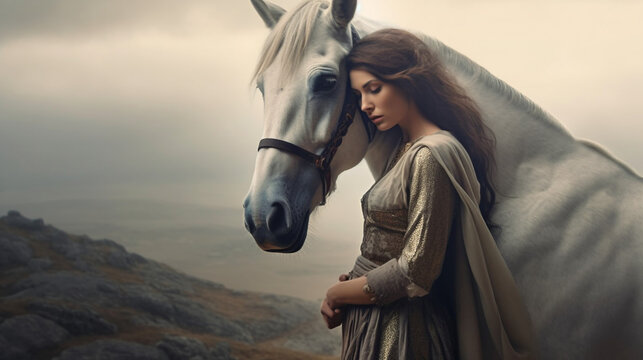 picture of a young woman fullbody hugs an exotic horse on a hill