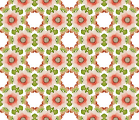 Red flowers geometrical seamless pattern. Watercolor background with hand painted elements. Texture for wrapping paper, fabric, cards.