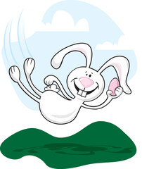 Happy Easter Bunny flying through the air holding an Easter egg