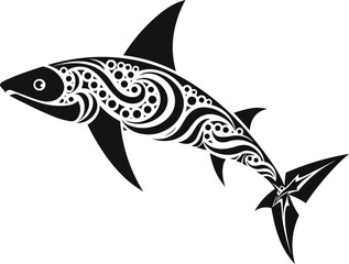 Shark tribal maori style tattoo design with ethnic Polynesian tribal elements, black and white vector isolated on white background