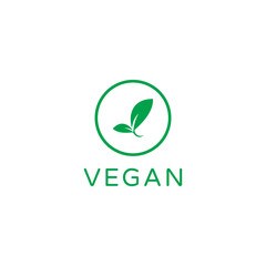 Vegan Plant Round Green Vector Logo with Leaves on White Background. Organic, Bio and Ecological Label. Meat free, Eco, Lactose free, Healthy, Fresh and Non Violent Food.