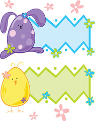 Egg shaped bunny and chick with panel for text