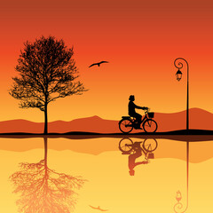 Obraz premium Landscape with Tree and Bicycle Silhouettes