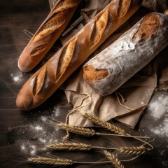 Rustic bun or french baguette, wheat and flour on a black board. Country kitchen or bakery. generative AI