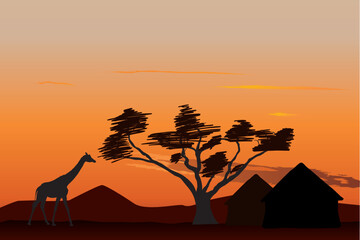 Fototapeta na wymiar Giraffe near small african village at sunset