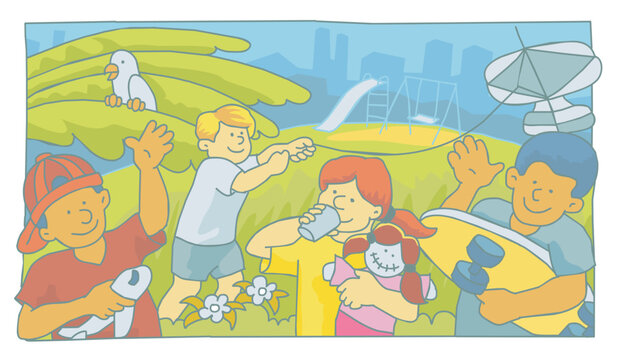 Illustration of four kids playing in the park