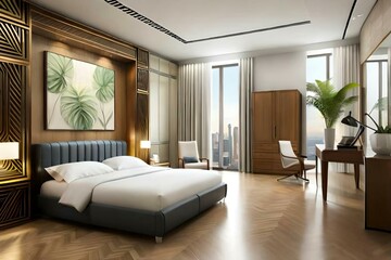Fototapeta na wymiar Double bedroom, art deco-style interior design 