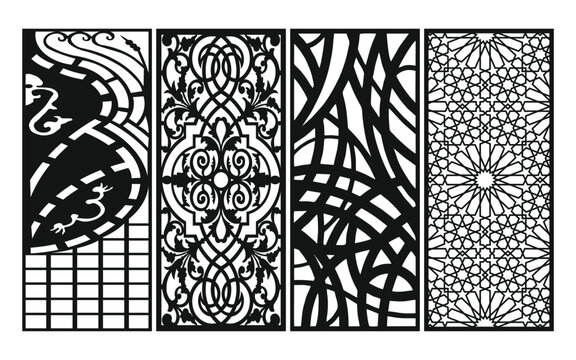 Decorative black patterns with white background, Islamic, floral and geometric motifs for cnc and laser cutting