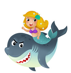 cartoon scene with mermaid princess and dolphin swimming together having fun isolated illustration for children