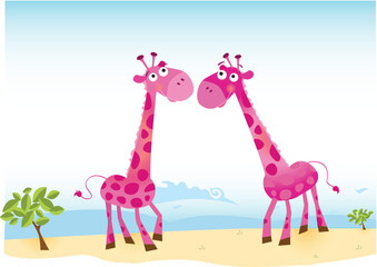 Giraffe male and female fallen in love. Vector Illustration. Background and animals in separated layers.