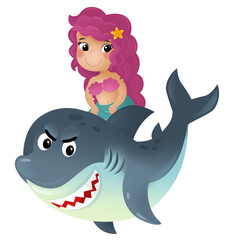 cartoon scene with mermaid princess and dolphin swimming together having fun isolated illustration for children