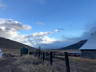 Wide shot of the ranch in Gazelle, California in the winter time