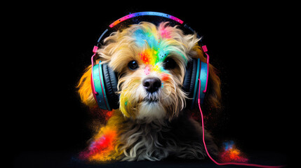 Cute Dog in headphones. Dog leastening music. Generative AI