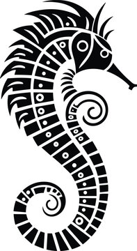 Seahorse tribal maori style tattoo design with ethnic Polynesian tribal elements, black and white sea horse vector isolated on white background